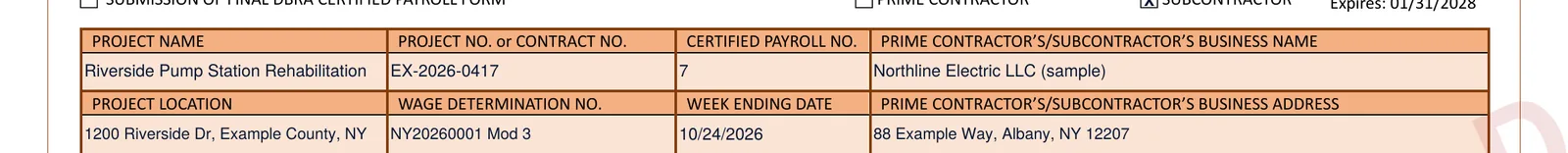WH-347 header filled in: project name, project number, certified payroll number 7, business name, project location, wage determination number and week ending date
