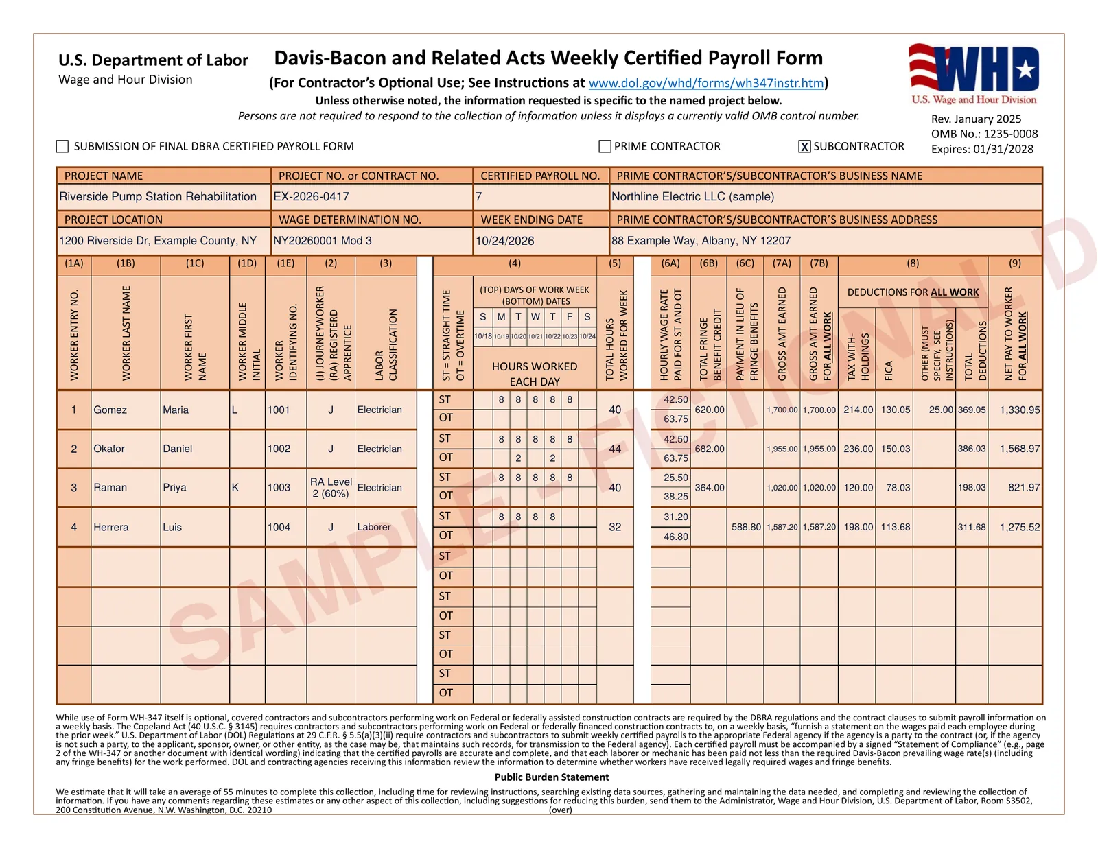 Page 1 of a sample WH-347 filled by PrevailReady: project header, four workers with daily hours, rates, fringe credits, deductions and net pay