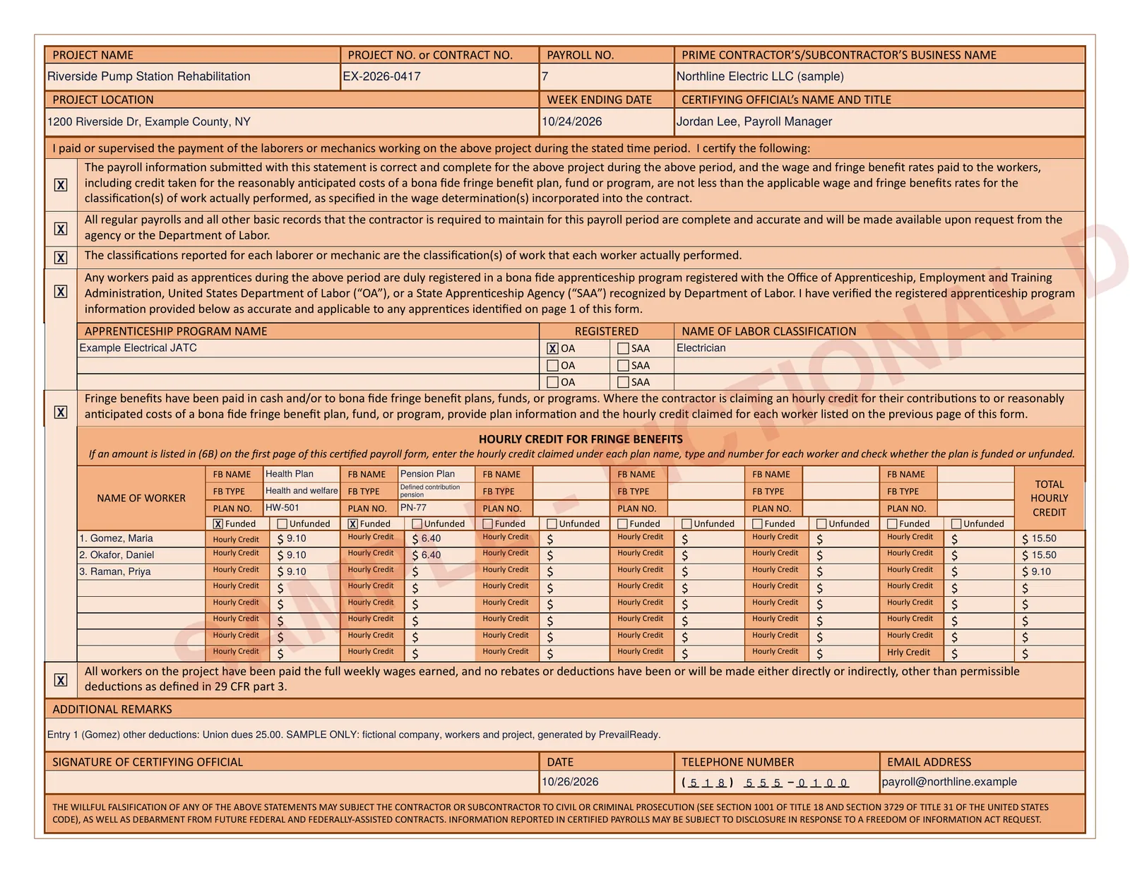 Page 2 of the sample WH-347 with the statement of compliance, apprenticeship program, fringe benefit plans and hourly credits per worker